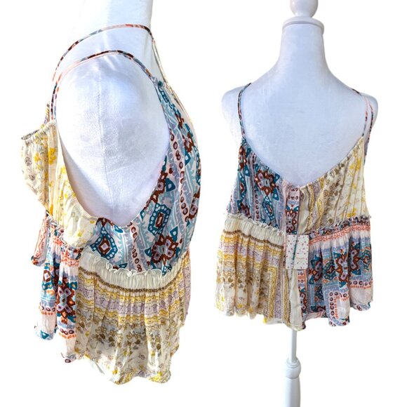 FREE PEOPLE PATCHWORK BOHO TIE CROP TANK BLOUSE XLARGE NWT - Picture 3 of 4